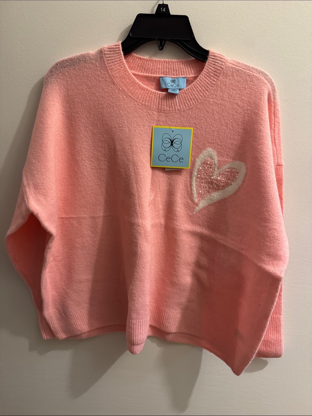 CeCe Coral Pink Crewneck Sweater with Heart Detail
